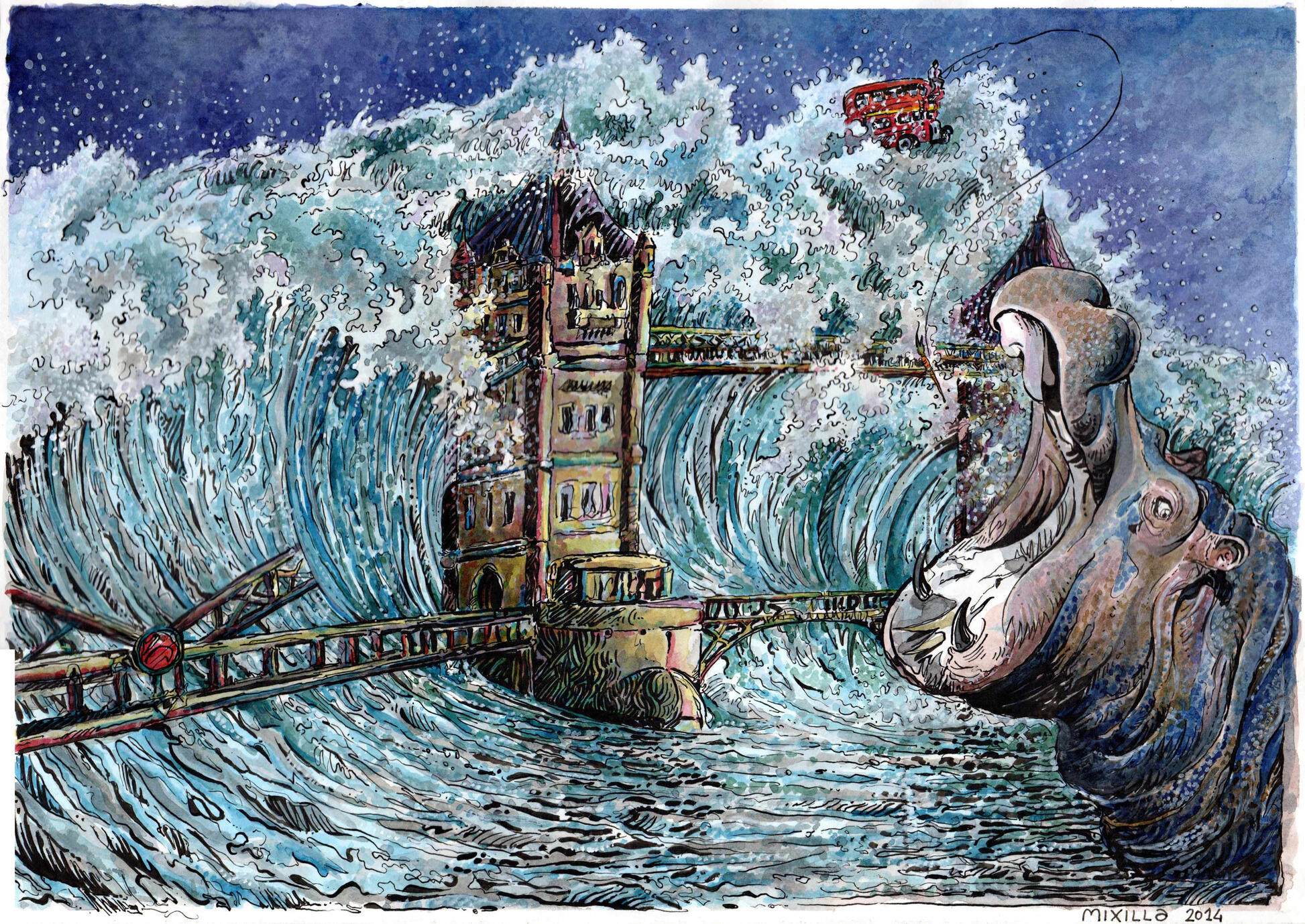 TRIP PN THE BRIDGE, acquerello e china su carta, 42 x 29.7 cm, 2021